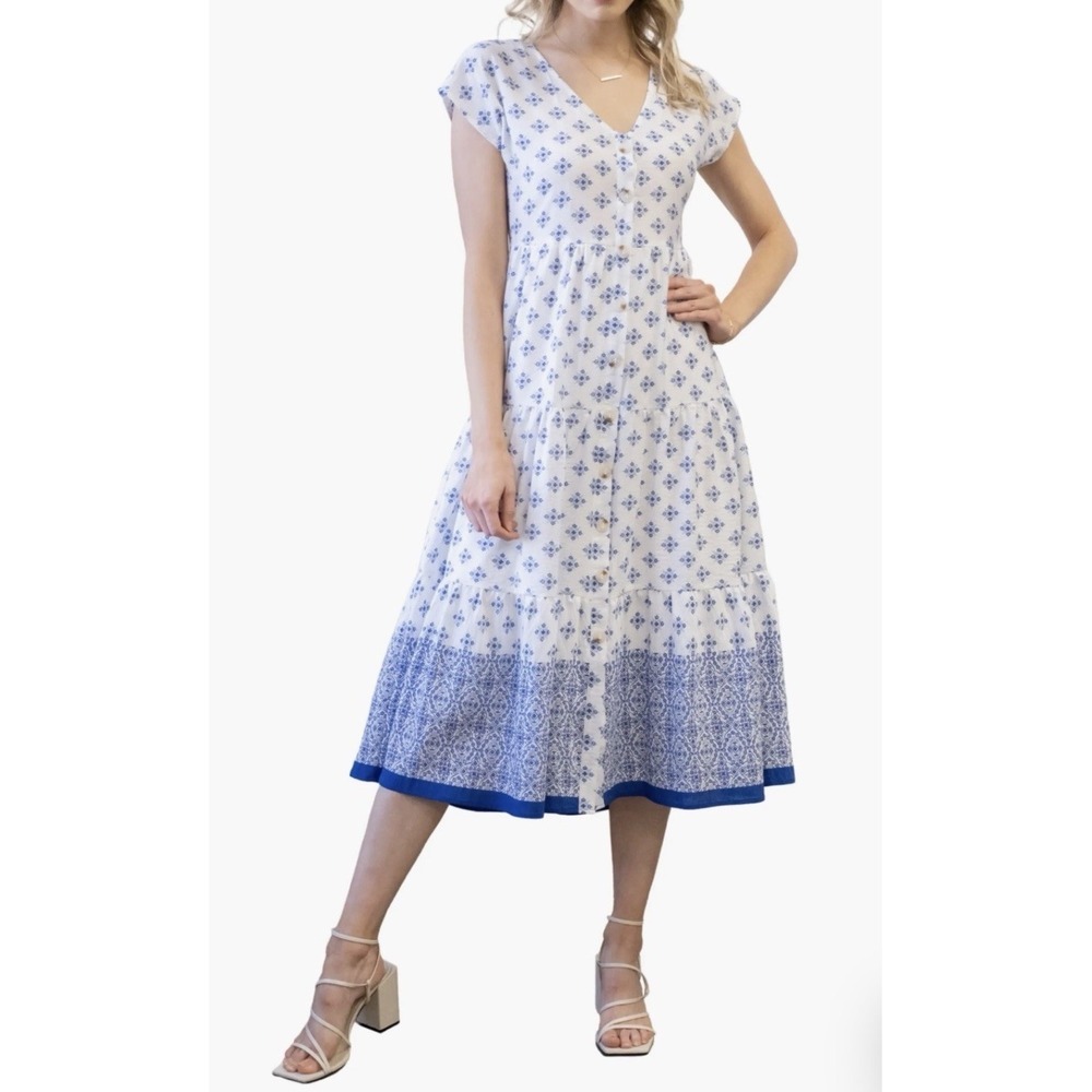 blu pepper blue/white floral maxidress, prairie, cottagecore,‎ coastal Size M